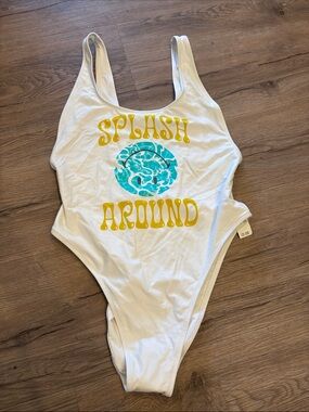 aerie White One-Piece Swimsuit with Yellow 'Splash Around' and Teal Graphic